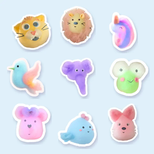 Menu com esculturas de algodão-doce: gatinho, leão, unicórnio, passarinho, elefante e outras